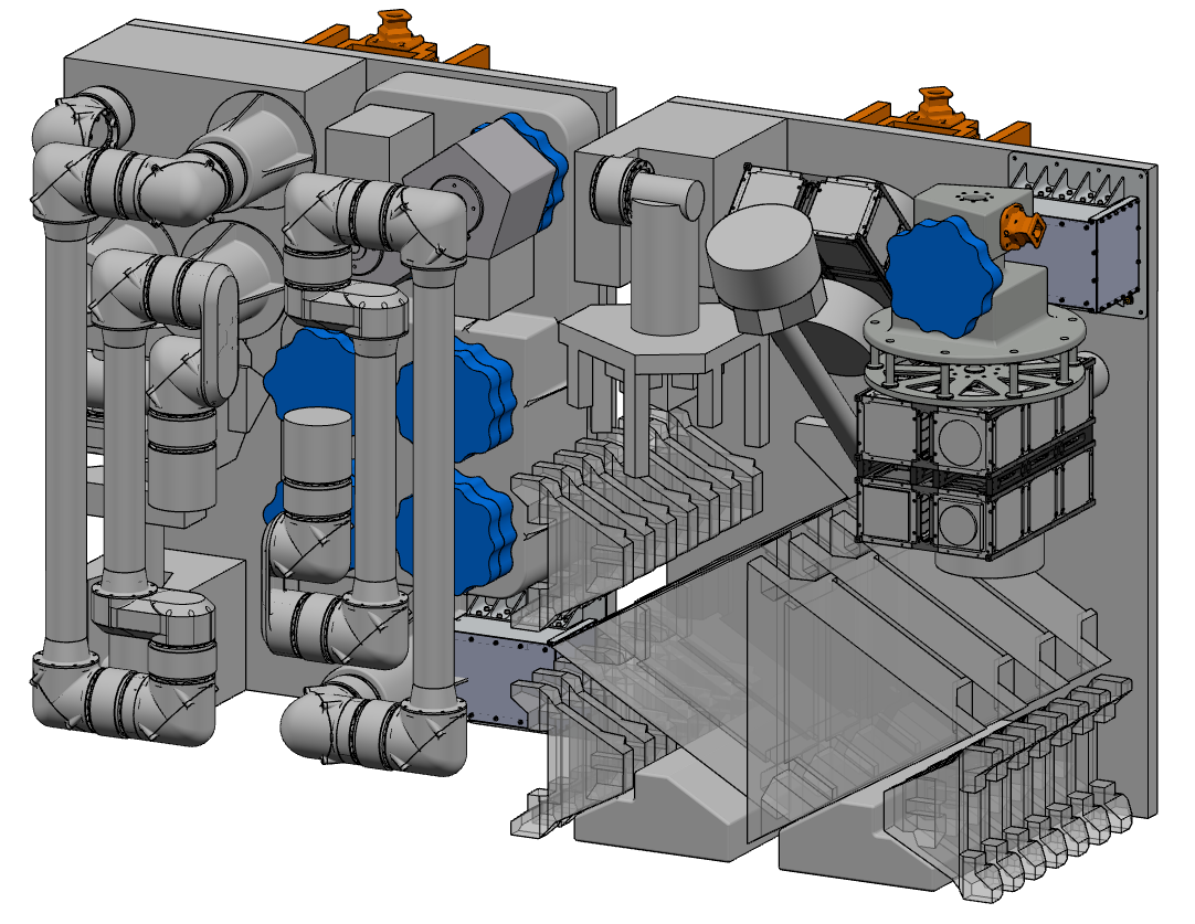 The factory box and the satellite assembly box stowed